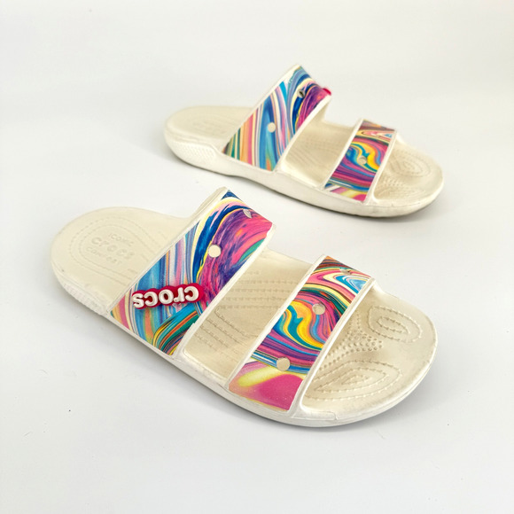 CROCS Shoes - Crocs Unisex Slide Sandals Size M6 W8 White Multicolor Comfort Open Toe Poolcore